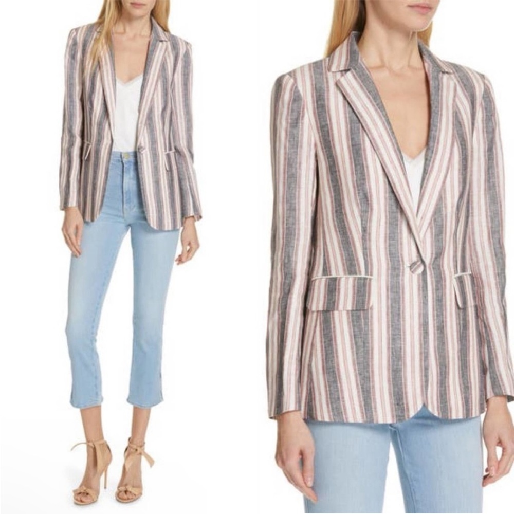 NEW NWOT FRAME Classic Stripped Linen Blazer Jacket Blue Red White